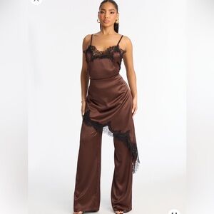 2pcs co-ord Chocolate Satin Wide-Leg Pants with Lace Overlay Blouse
